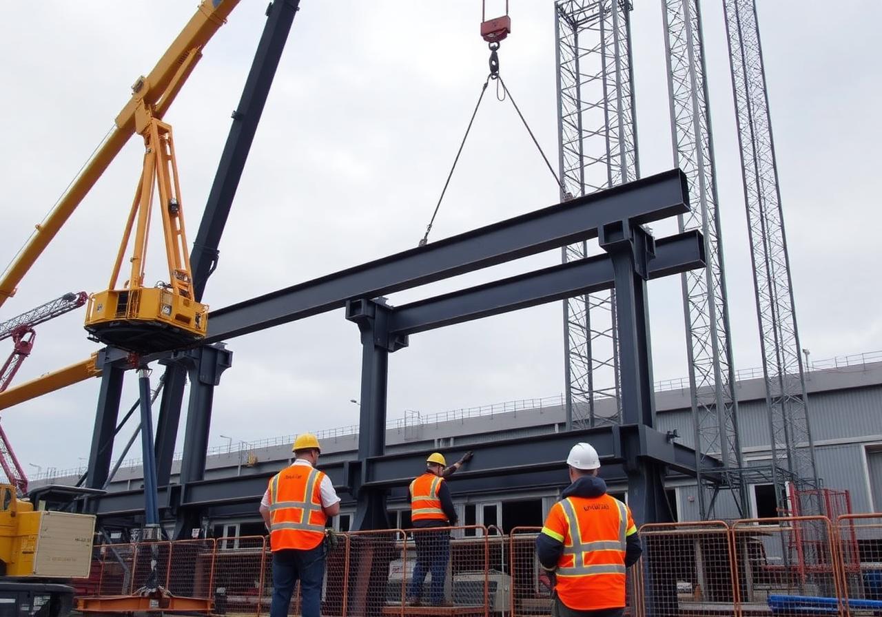 Riggers installing structural steel on a construction site